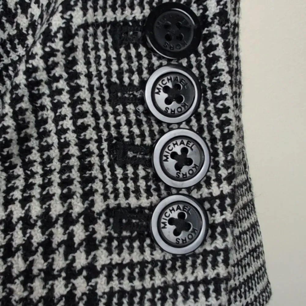 Michael Kors Black & White Houndstooth Plaid Blazer with Leather Accents Size 12